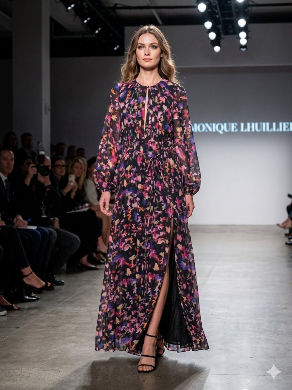Monique Lhuillier Melanie Black Floral Maxi Dress with Pink and Purple Accents